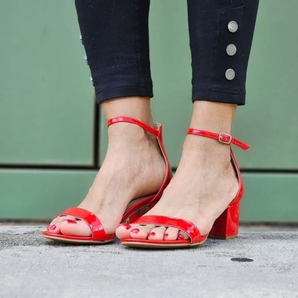 Women Ankle Straps Low Chunky Heels Sandals Red Color